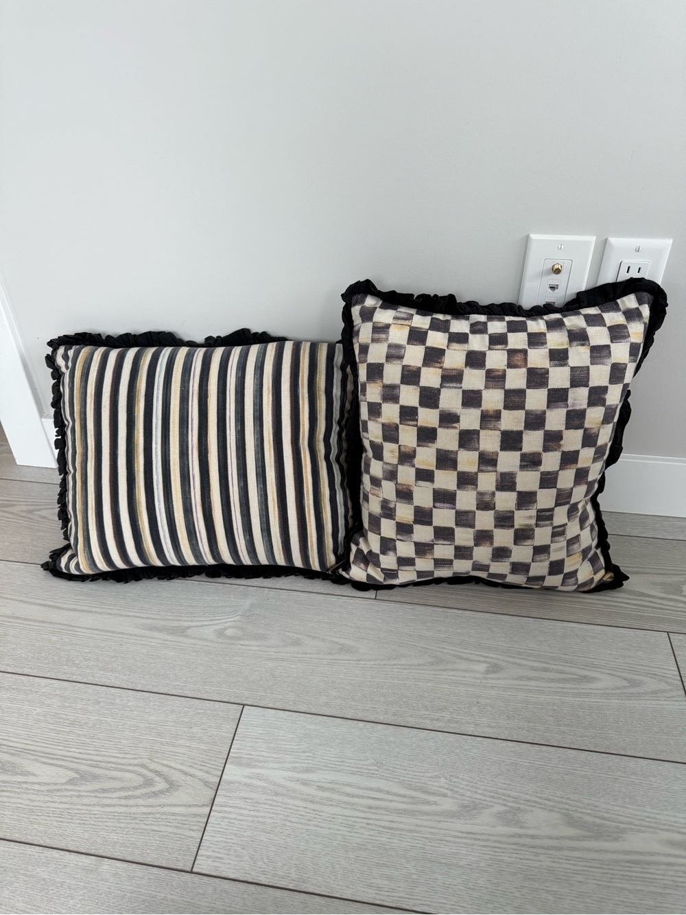McKenzie Childs pillow set checkered striped tan cream black ruffles collectible